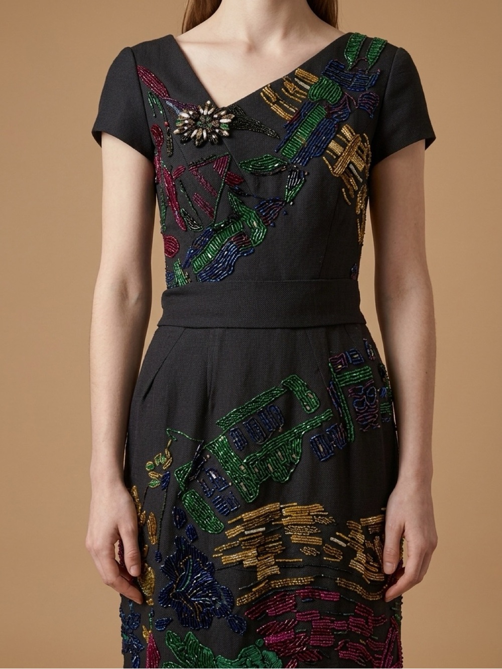 Oscar de la Renta Black Midi Dress with Multicolor Sequin Embroidery - Picture 5 of 14